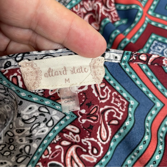 Altar'd State Blue/Multicolor Print Bohemian Blouse w/Bell Sleeves and Tie Front - Picture 3 of 8